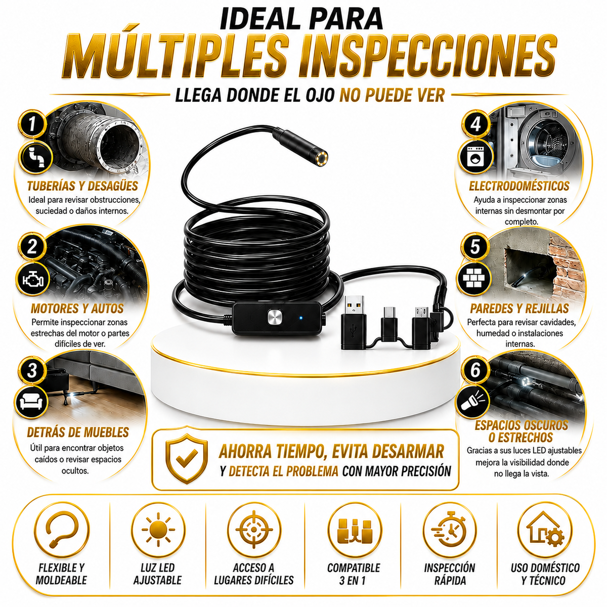 CÁMARA ENDOSCÓPICA FLEXIBLE 3 EN 1 CON LUZ LED