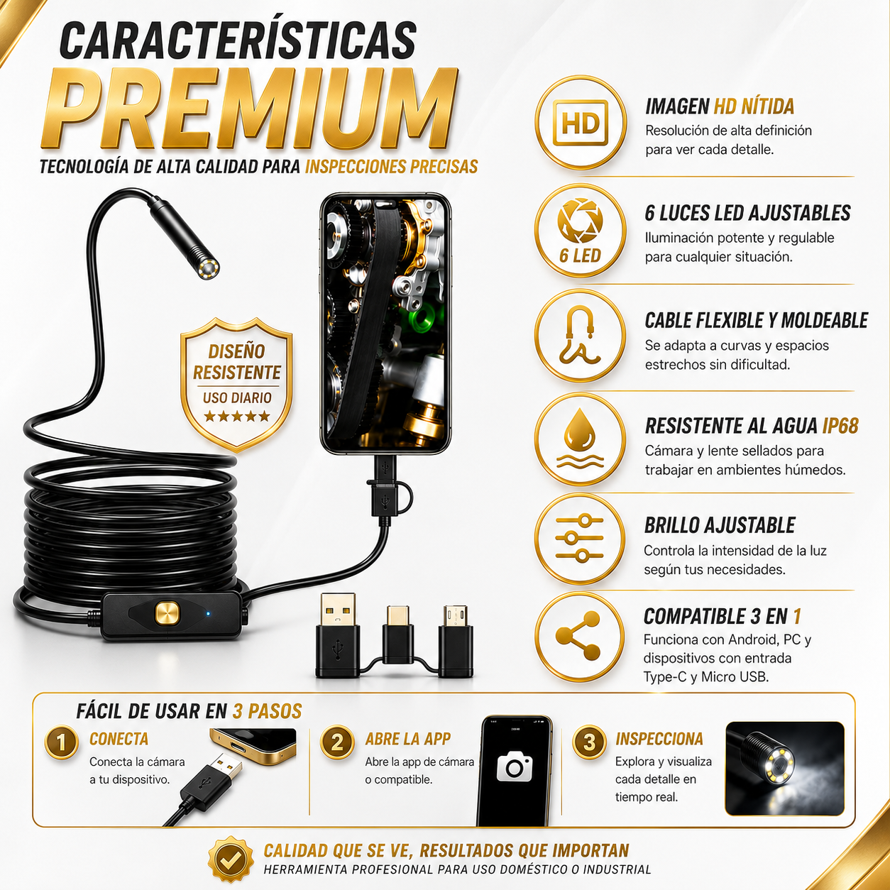 CÁMARA ENDOSCÓPICA FLEXIBLE 3 EN 1 CON LUZ LED